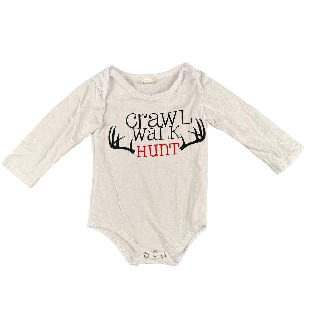 Crawl Walk Hunt White Long Sleeve Baby Bodysuit Antlers Graphic Size 70 3-6M 837